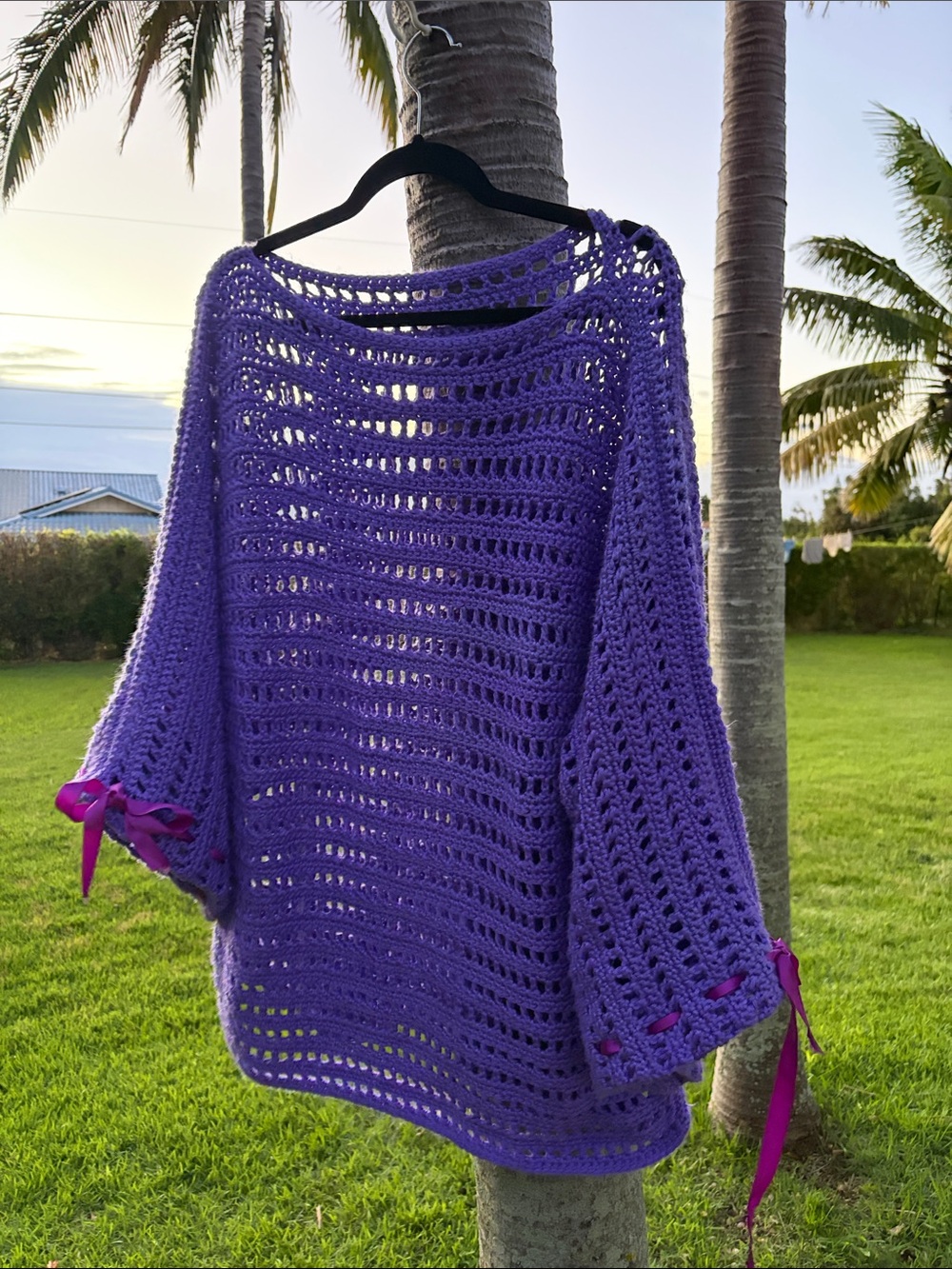 Handmade Purple Crochet Boat-Neck Sweater with wide sleeve and Ribbon Ties